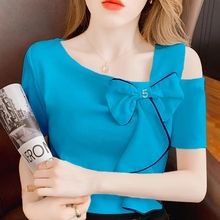 短袖t恤女纯棉新款夏季时尚洋气时髦减龄蝴蝶结性感露肩上衣女潮