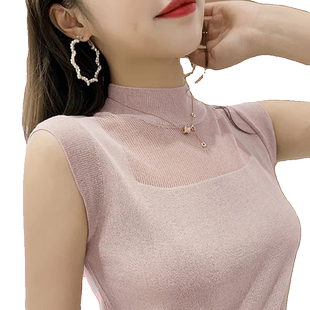 背心女外穿半高领镂空针织衫上衣2026夏新款宽松无袖t恤打底小衫