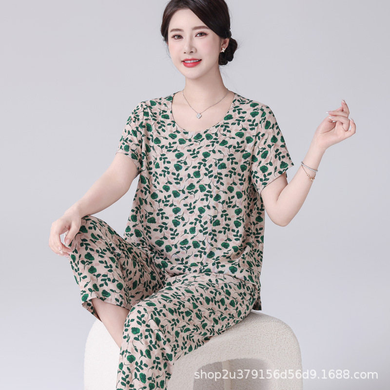 女夏季妈妈套装家居服可外穿棉绸套装宽松大码九分裤子短袖人造棉
