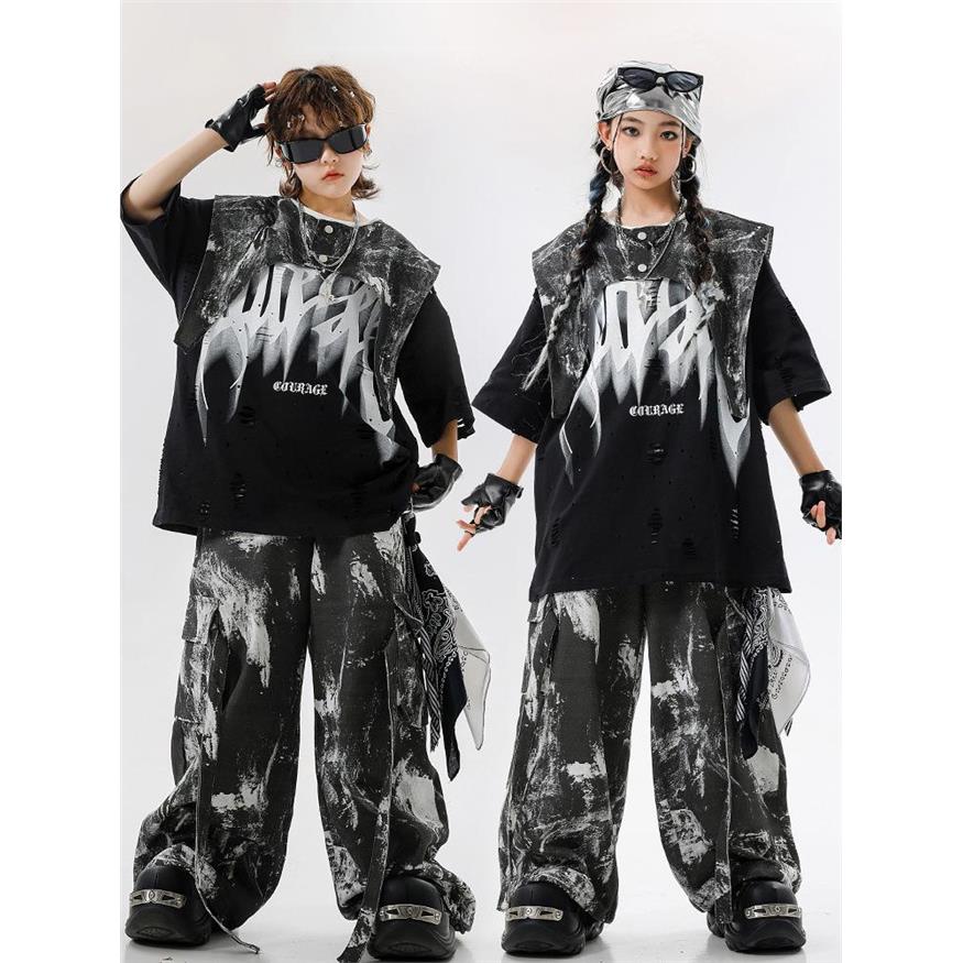 儿童街舞潮服男童破洞黑
