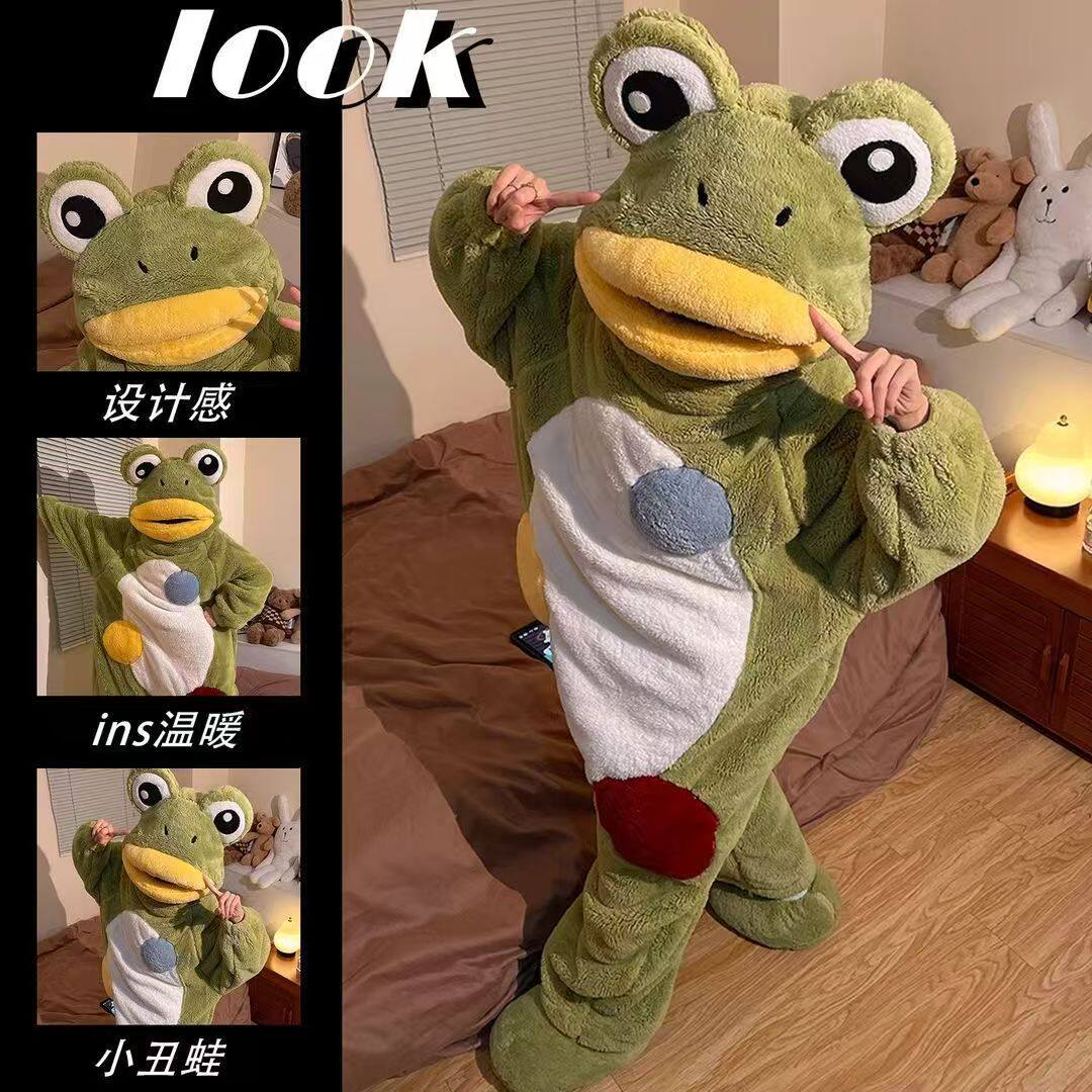 可爱卡通搞怪青蛙连体睡衣女冬季新款加绒加厚珊瑚绒家居服可外穿