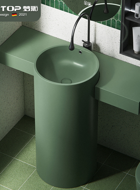 梦拓绿色圆形立柱盆带台面可定制切角尺寸户外延伸台面卫生间阳台