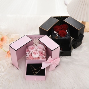 情人节双开门项链口红手镯礼品盒永生花双层戒指盒子玫瑰高级礼盒