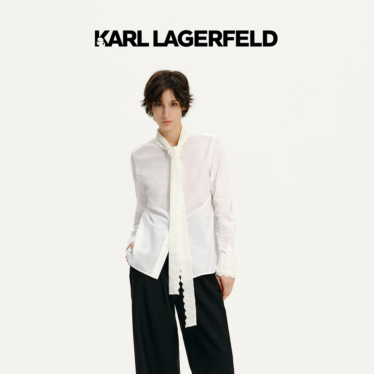 KARL LAGERFELD卡尔拉格斐2024夏新款蝴蝶结系带领衬衫老佛爷