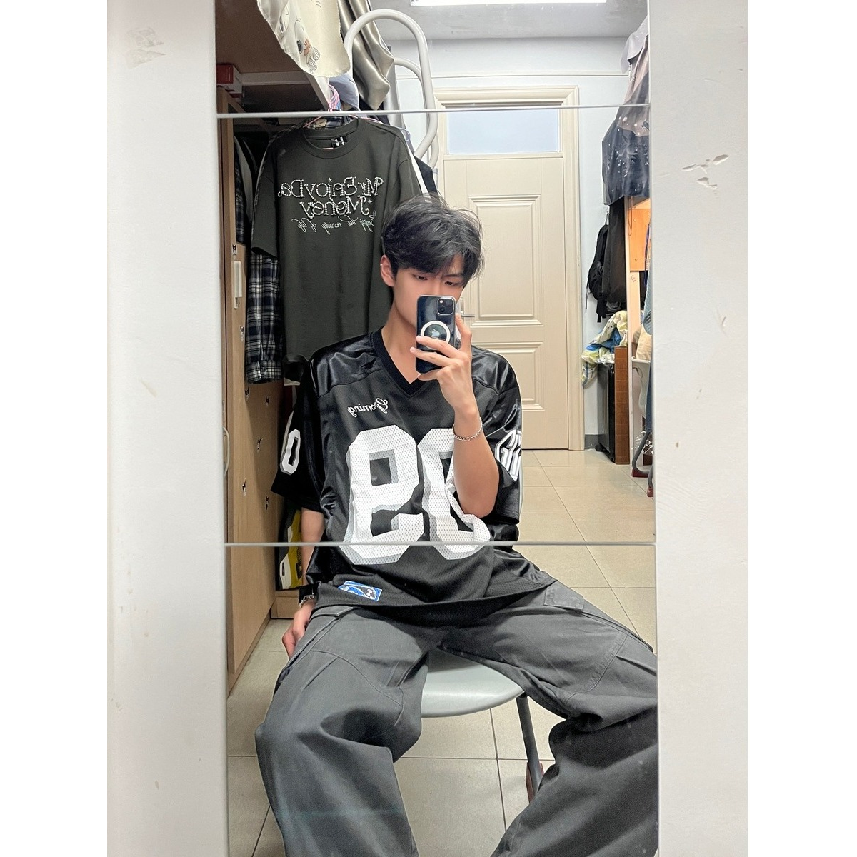 美式潮牌数字印花网眼V领