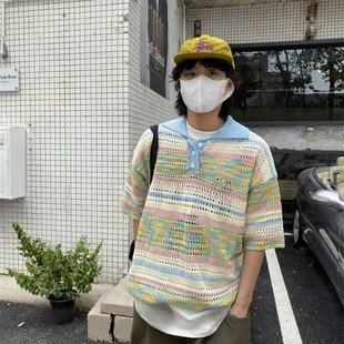 t恤 小众拼色条纹镂空翻领polo衫 纽扣针织短袖 男夏季 设计感情侣装