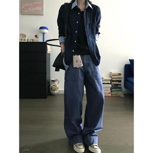 衫 高街藏青色衬衣polo衬衫 新品 两件时尚 风 假学院拼接秋季 男女长袖