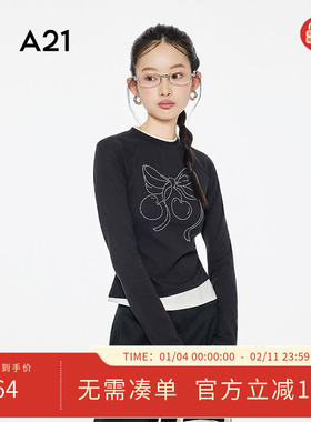 A21女装拼接假两件圆领T恤2025秋新款简约烫钻修身上衣F453231010