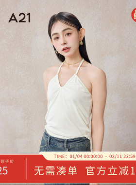 A21女装针织修身一字领吊带夏季新款露背设计感无袖性感挂脖上衣
