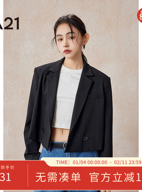A21女装黑色休闲西装早春季短款外套开衫小个子双粒扣高端西服