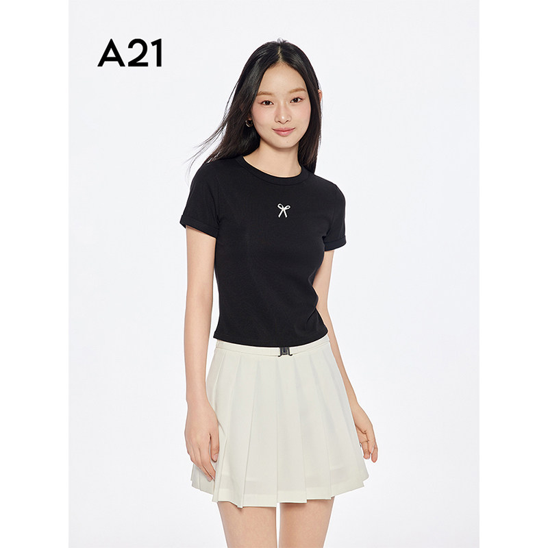 A21女装圆领蝴蝶结短袖套头T恤夏季新款简约修身小众薄款短款上衣