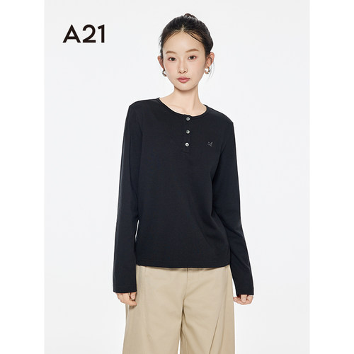 A21女装长袖简约宽松半开胸T恤