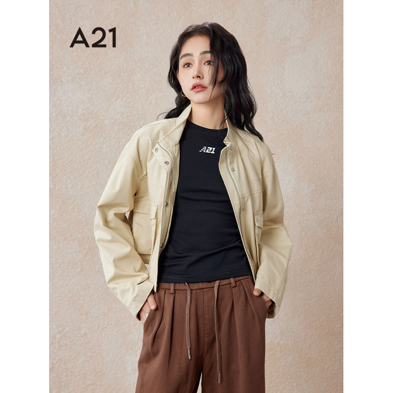 A21女装宽松立领落肩风衣图片