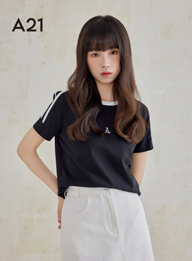A21女装圆领短袖T恤夏季2024新款美式条纹修身高级感纯色打底衫