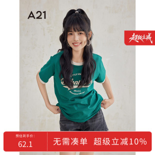 A21美式 纯棉撞色字母设计感拼色上衣 短袖 T恤女士夏季