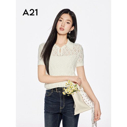 A21女装米白镂空薄款毛针织衫