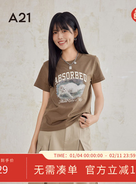 A21女装圆领短袖T恤夏季新品简约宽松小猫印花情侣装上衣