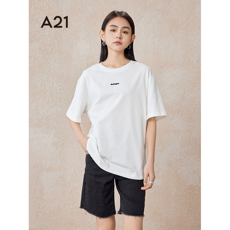 A21女装针织宽松圆领落肩短袖T恤夏季破洞设计感纯色简约上衣女生