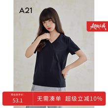 A21女装四色可选V领棉T恤夏季新款简约百搭落肩短袖纯色短款上衣