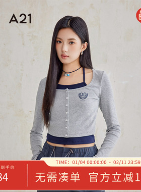 A21女装拼接系带U型领假两件T恤2024秋新款复古修身打底短款上衣