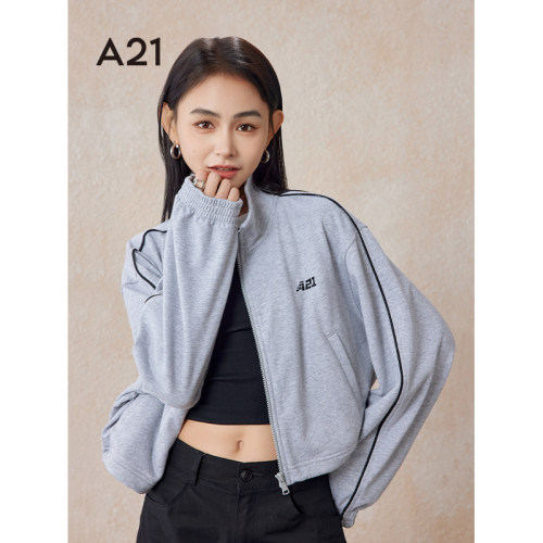 A21女装宽松立领落肩针织外套