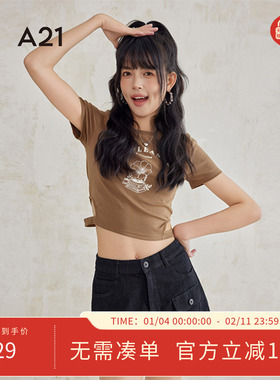 A21女装字母印花修身短袖T恤夏季新款简约短款设计感短袖圆领上衣