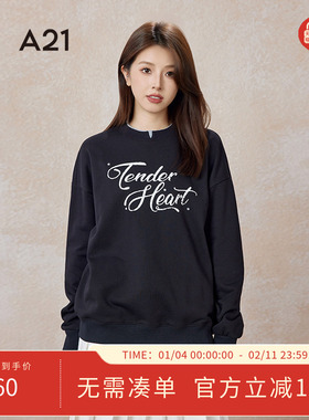 A21女装针织宽松圆领落肩假两件底卫衣春秋季百搭英文刺绣上衣