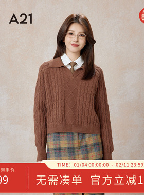 A21女装宽松翻领插肩半开筒套头长袖线衫春季新品显瘦百搭上装