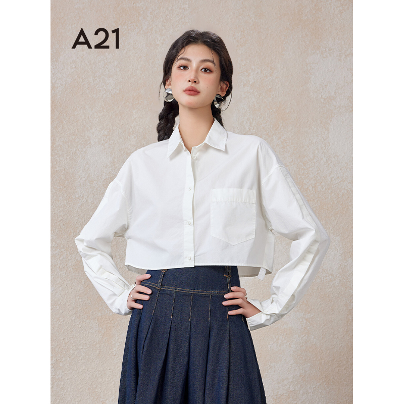 A21女装宽松翻领全开襟长袖衬衫
