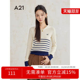 学院风减龄修身 A21女装 新款 2024秋季 海军领毛衣 条纹撞色毛针织衫