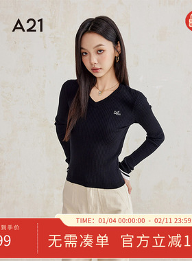 A21女装修身显瘦毛针织衫2024秋季新款纯色V领长袖毛衣打底衫上衣