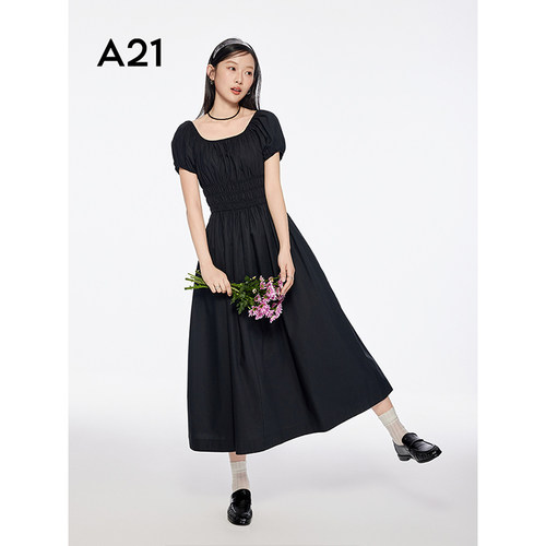 A21女装ins风长裙方领套头连衣裙