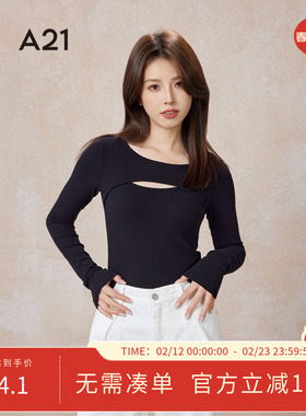 A21女装针织圆领长袖T恤春秋季新款修身显瘦心机镂空内搭打底上衣