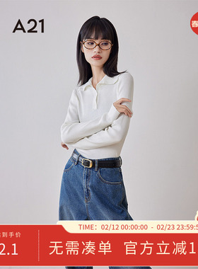 A21女装修身半开翻领长袖羊毛衫秋冬新款简约打底衫休闲毛针织衫