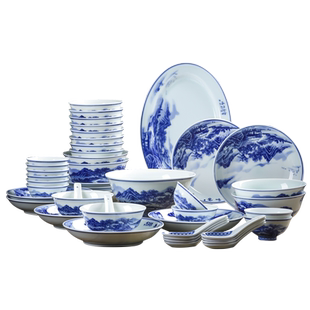 高温景德镇釉下彩青花瓷碗碟盘餐具套装组合中式家用米饭碗面汤碗