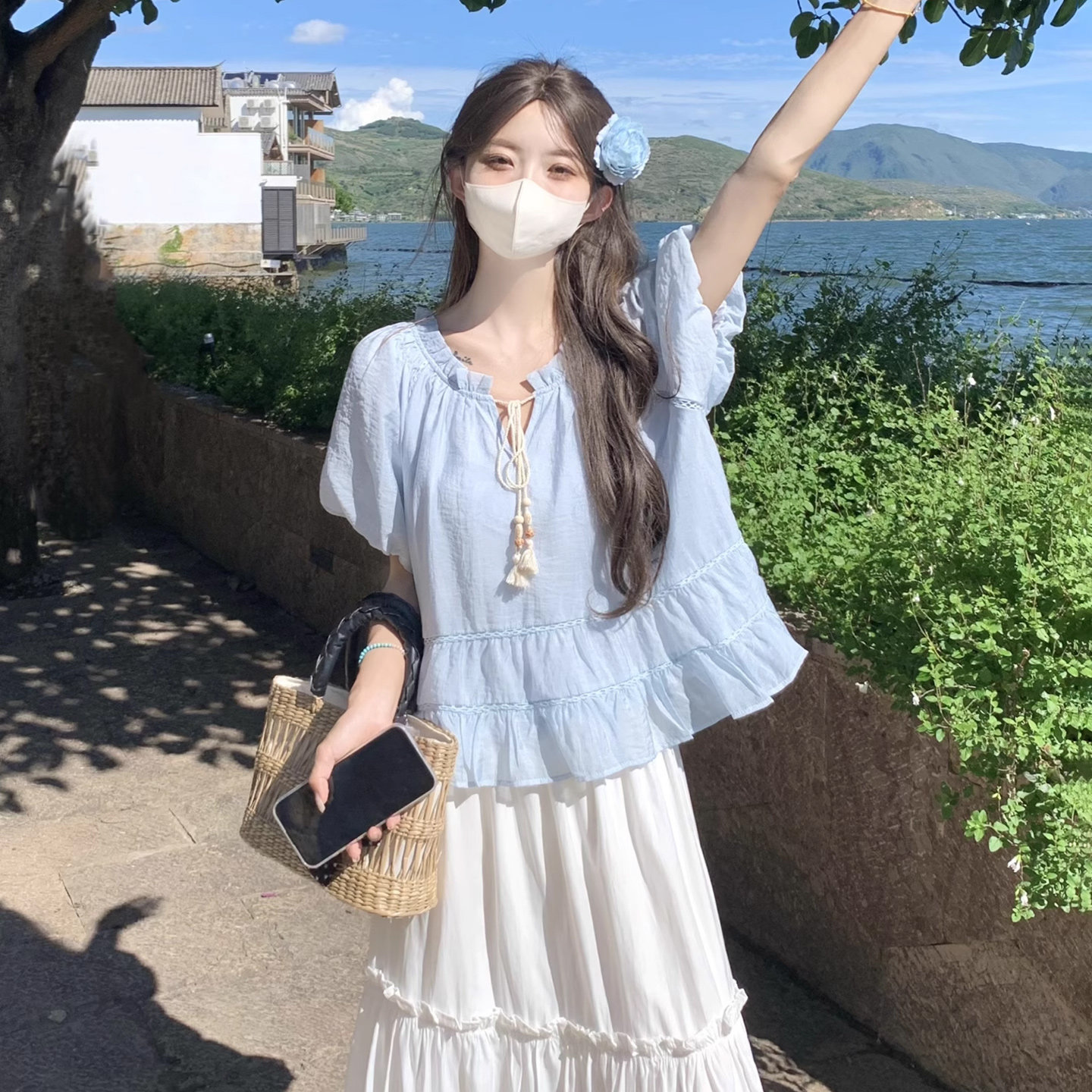 蓝色亚麻棉泡泡袖娃娃衫上衣女夏法式清新半身长裙两件套明媚套装