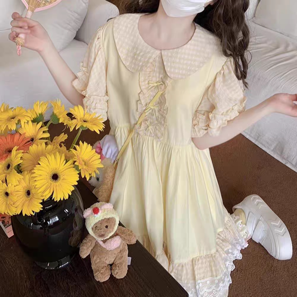 日系减龄花苞娃娃裙女2026夏季法式古着感格子甜妹可爱蓬蓬短裙子