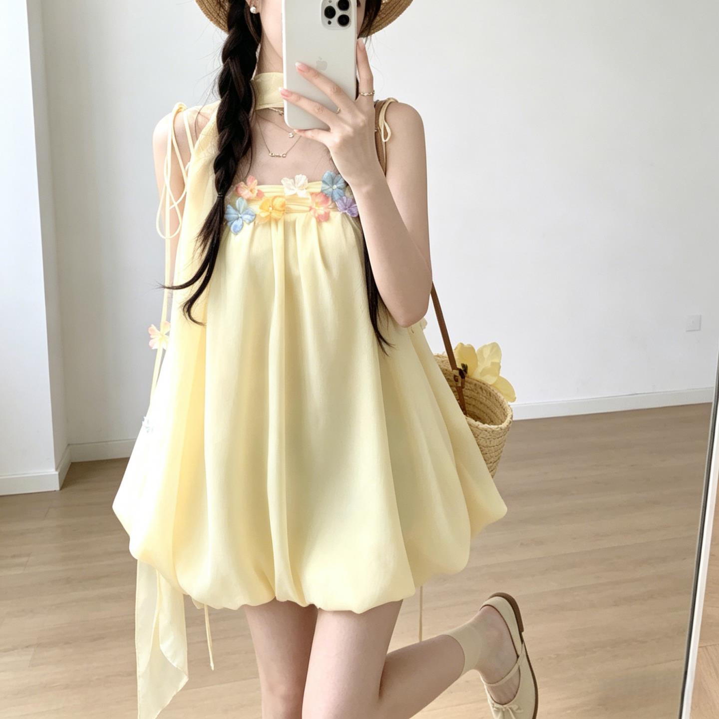 无袖中长版挂颈飘带立体