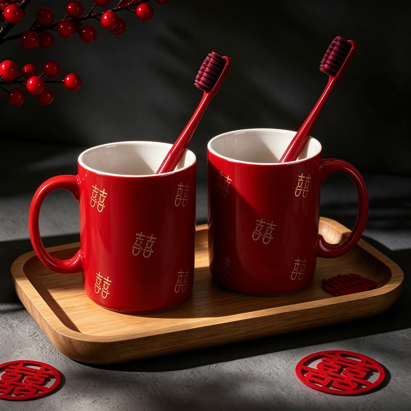 结婚洗漱杯一对漱口杯套装情侣洗漱杯子红色陶瓷牙杯牙缸新婚陪嫁