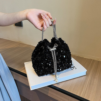 亮片包包女包银色水桶包