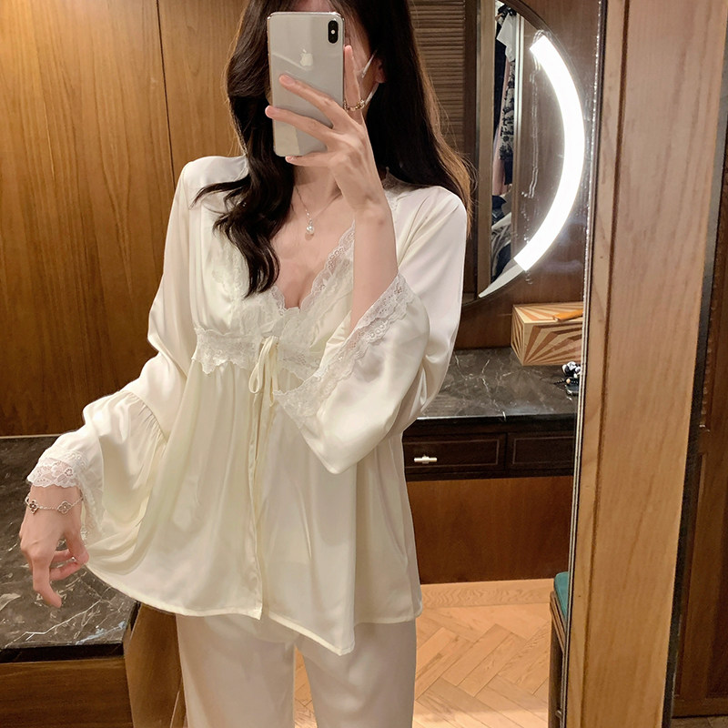 法式高级感冰丝绸睡衣女春夏季2025新款带胸垫吊带三件套家居服秋