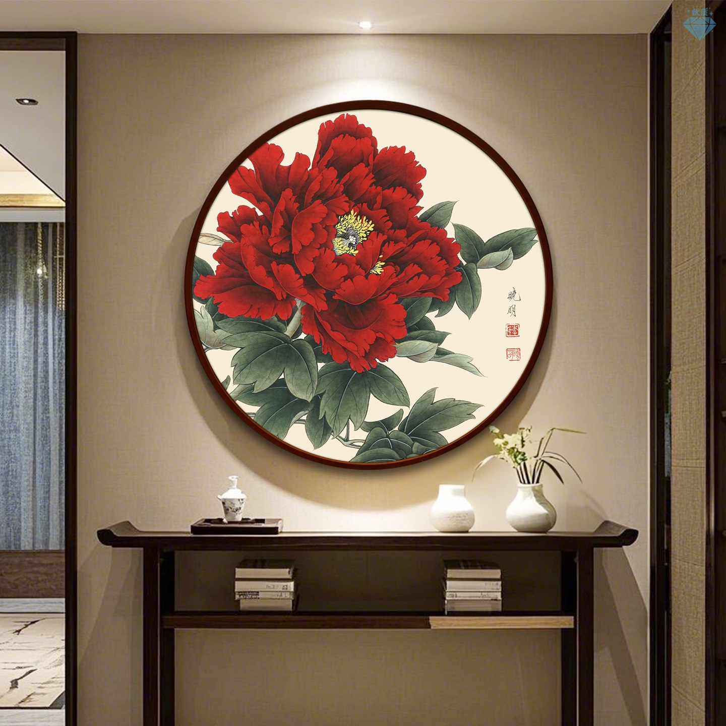 牡丹花挂画客厅装饰画玄关卧室床头背景圆形新中式壁画花开富贵图图片