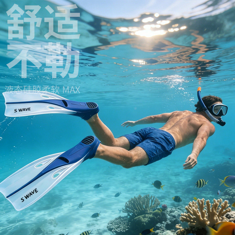 wave浮潜三宝游泳脚蹼潜水专用矽胶自由泳深潜训练装备蛙鞋鸭脚板