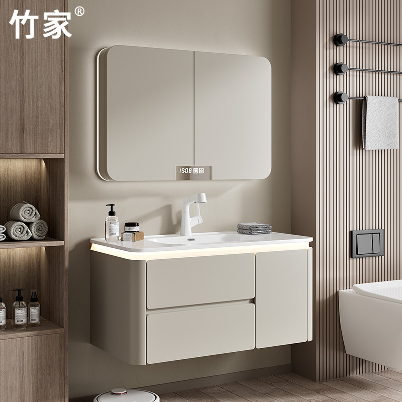 实木圆角隐藏式风水镜柜智能吊柜式组合化妆室洗手洗脸一体陶瓷盆,家装主材,浴室柜组合,淘宝优惠券,粉丝福利购,淘宝优惠卷