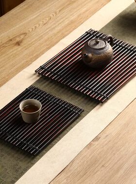 复古茶道竹排茶垫杯托 隔热垫紫竹摆件杯垫 编织茶具配件茶帘茶席
