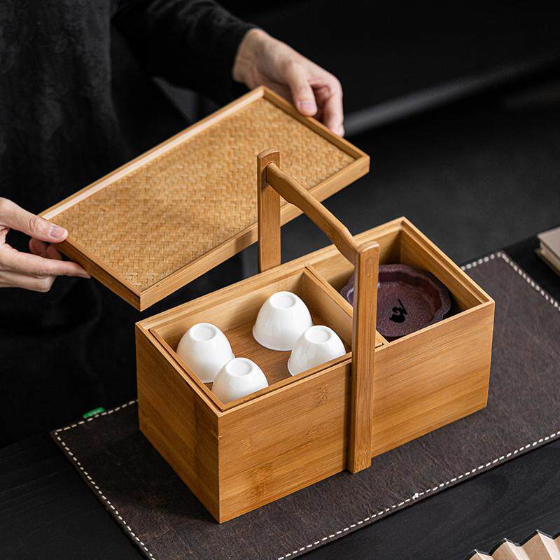 竹制户外茶具收纳箱便携置物架收纳盒竹盒茶杯茶壶展示柜提篮礼盒