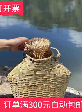 传统钓鱼鱼篓装鱼渔获笼渔笼竹编竹箩手工编篓工艺品表演道具装饰