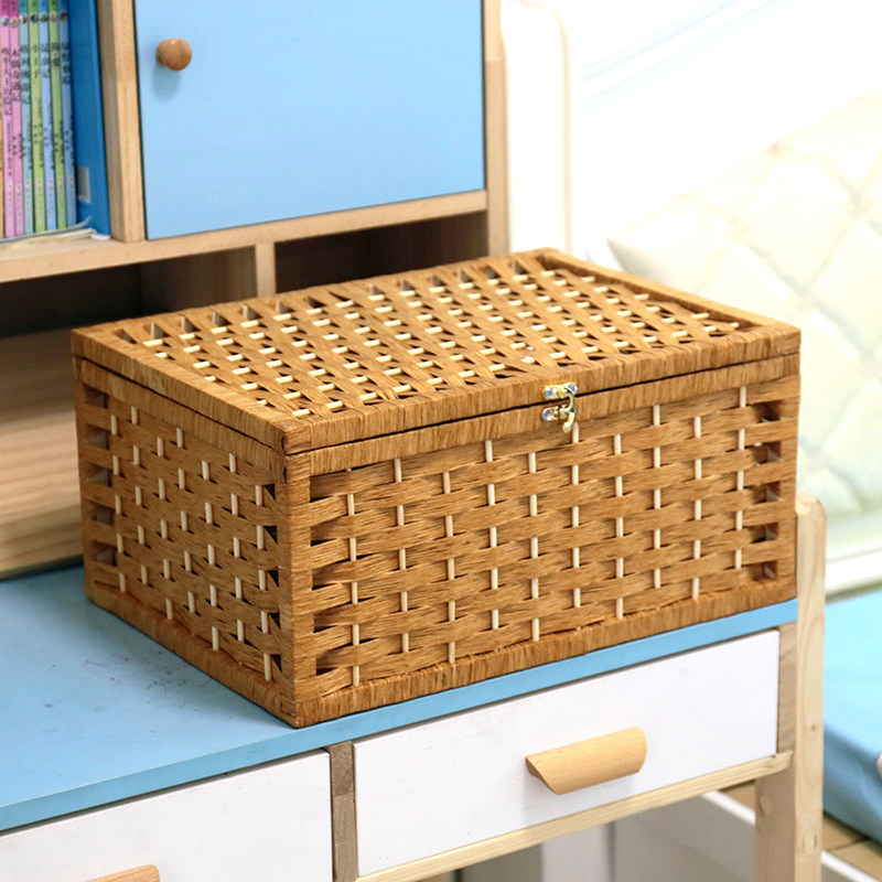 带锁桌面收纳盒内衣化妆品整理家用杂物零食筐储物藤编衣服收纳箱,收纳整理,收纳箱,淘宝优惠券,粉丝福利购,淘宝优惠卷