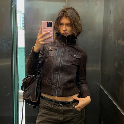 Handsome leather jacket机车风拉链外套辣妹酷帅皮革拼接夹克女