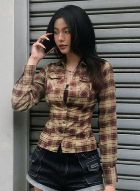 Spicy girl plaid outfit shirt 秋冬复古格子穿搭衬衫长袖上衣女